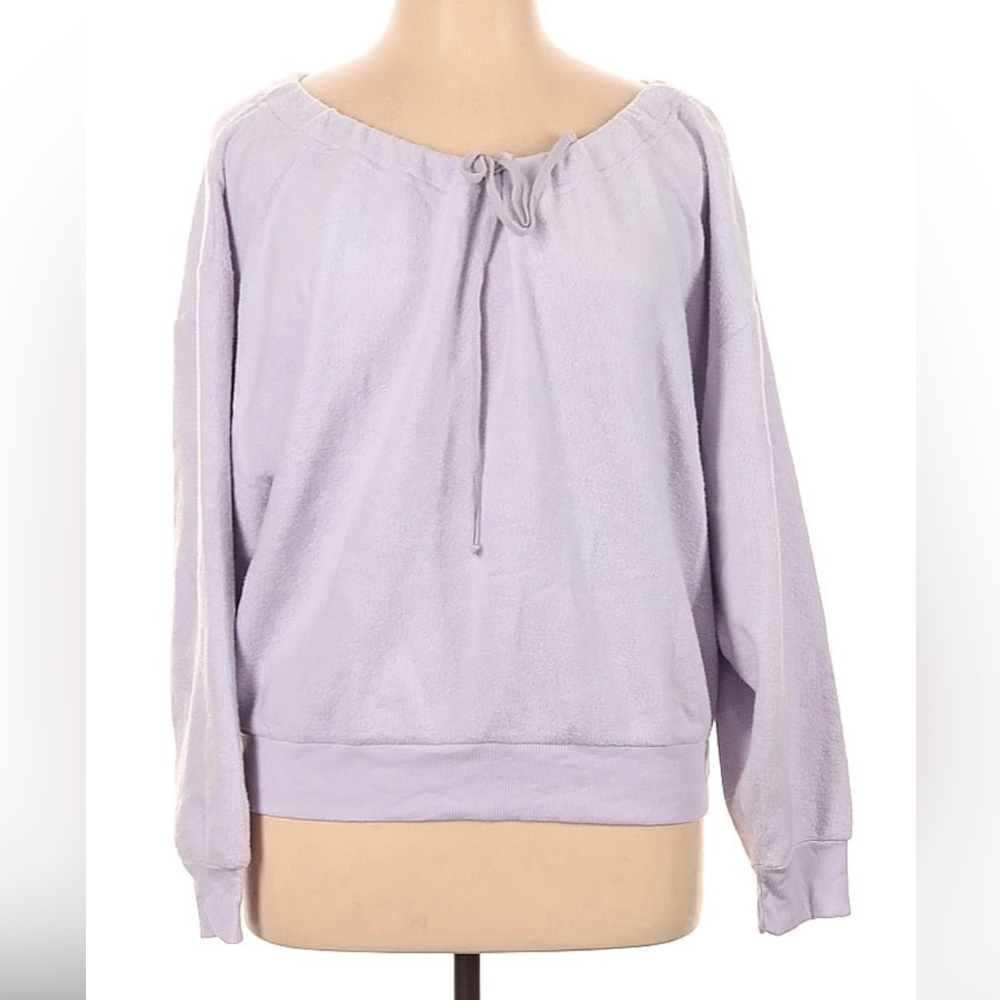 Me To We Women Lavender Purple Terry Cloth Boat Neck Tie Sweatshirt Top